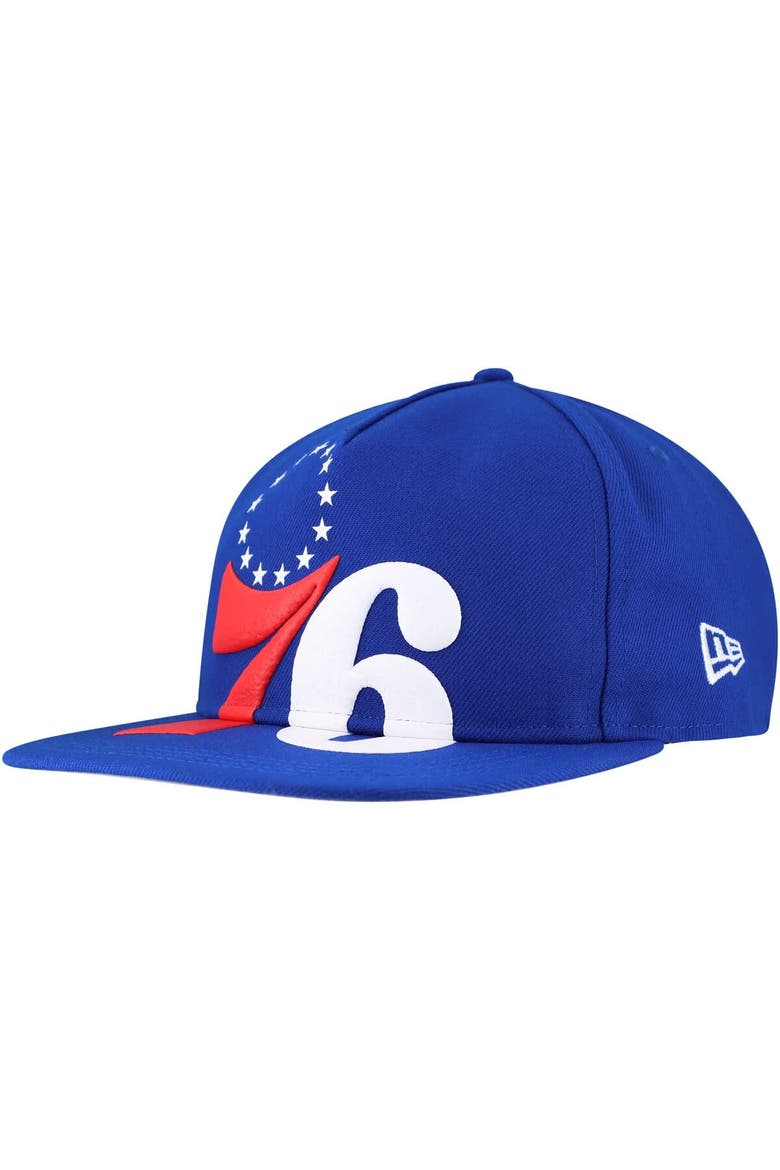 Men's New Era Royal Philadelphia 76ers Oversized Puff Print Logo Golfer Snapback Hat, Main, color, Royal
