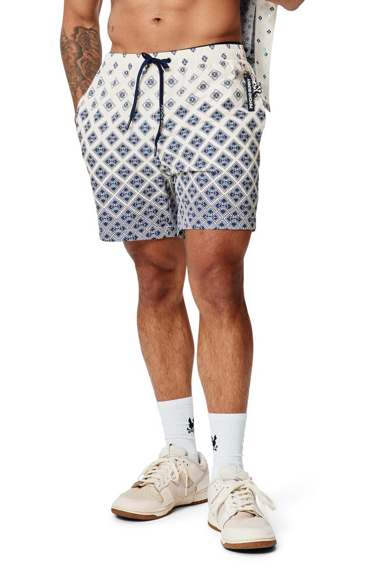 Tobias Geo Print 6-Inch Swim Trunks, Alternate, color, PRISTINE