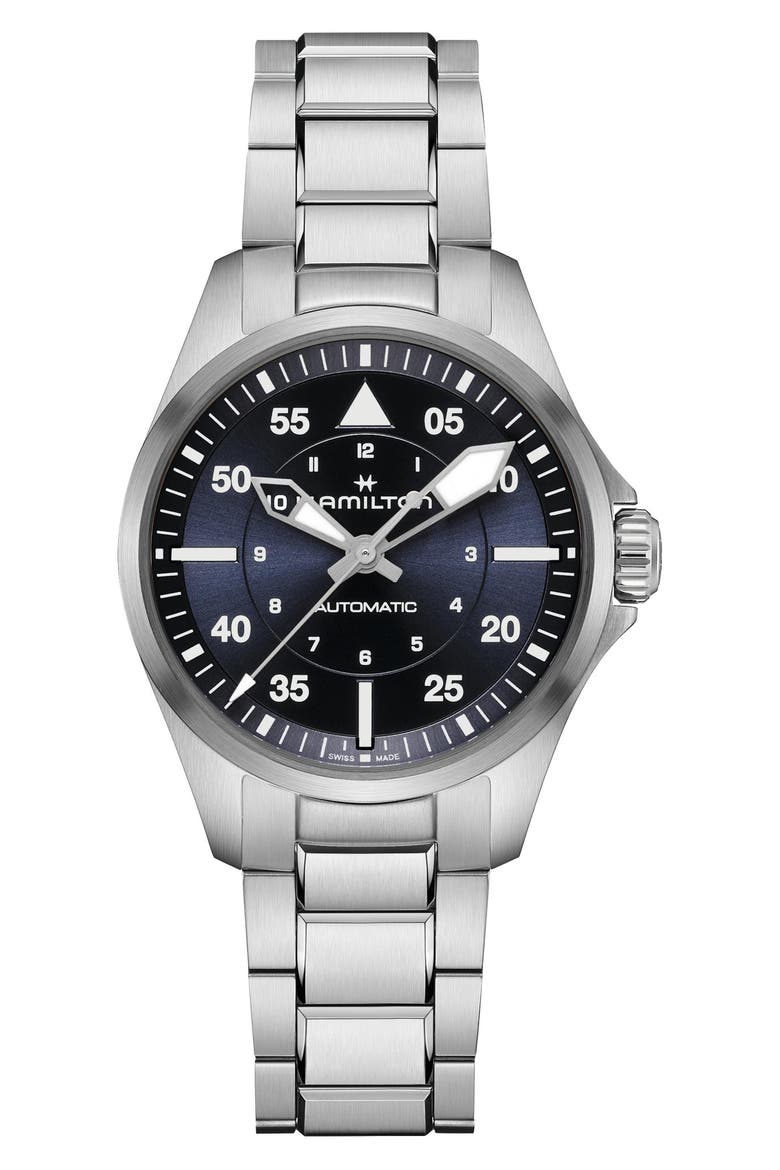 Khaki Aviation Pilot Automatic Bracelet Watch, 36mm, Main, color, BLUE