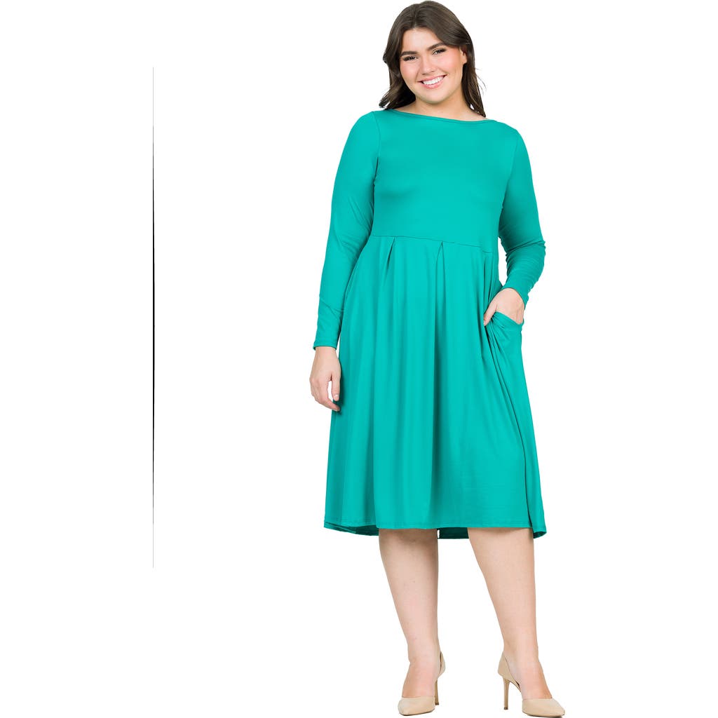 24seven Comfort Apparel Plus Size Long Sleeve Fit And Flare Midi Dress In Black