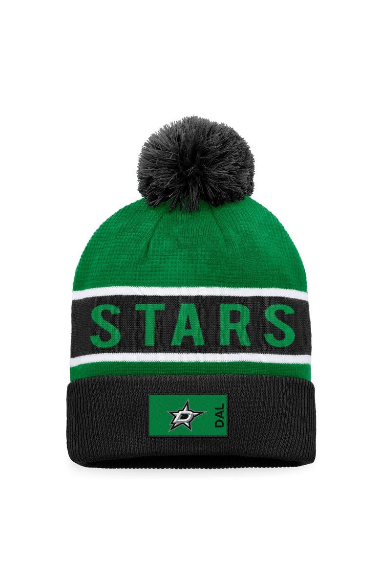 FANATICS Men's Fanatics Branded Black/Kelly Green Dallas Stars Authentic Pro Rink Cuffed Knit Hat with Pom, Main, color,