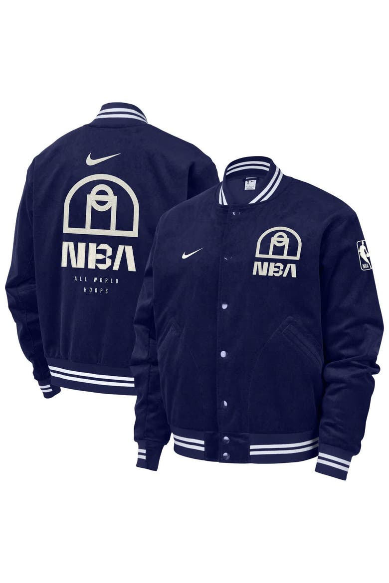 Men's Nike Blue NBA All World Hoops Team 31 Trend Corduroy Full-Snap Bomber Jacket, Alternate, color, Blue