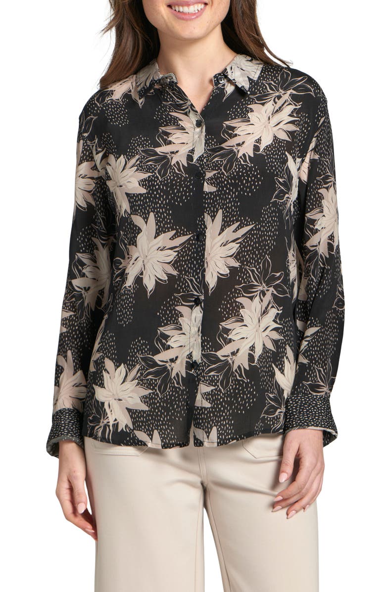 APNY Abstract Print Roll Tab Sleeve Chiffon Button-Up Shirt, Main, color, Black Floral Multi