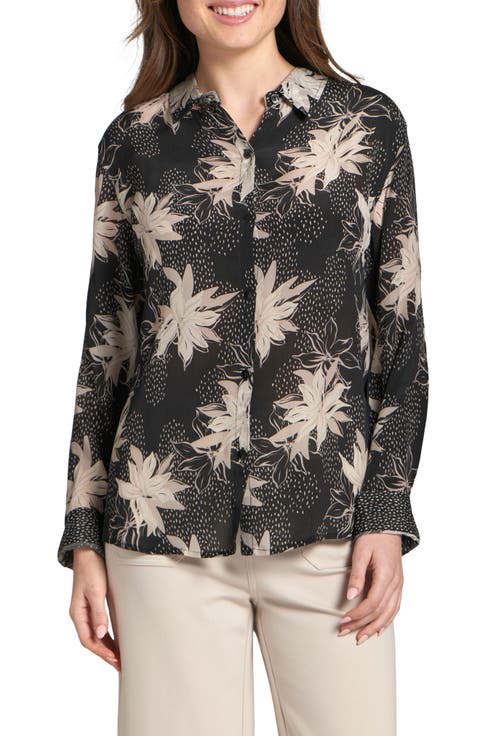Abstract Print Roll Tab Sleeve Chiffon Button-Up Shirt