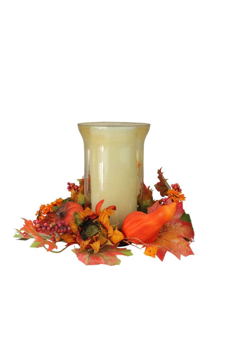 Northlight 16" Artificial Orange Fall Flowers and Pumpkins Pillar Candle Holder, Main, color, Orange