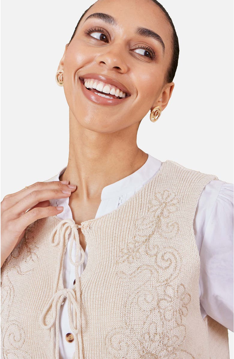 Yumi Embroidered Tie Front Waistcoat, Alternate, color, Beige