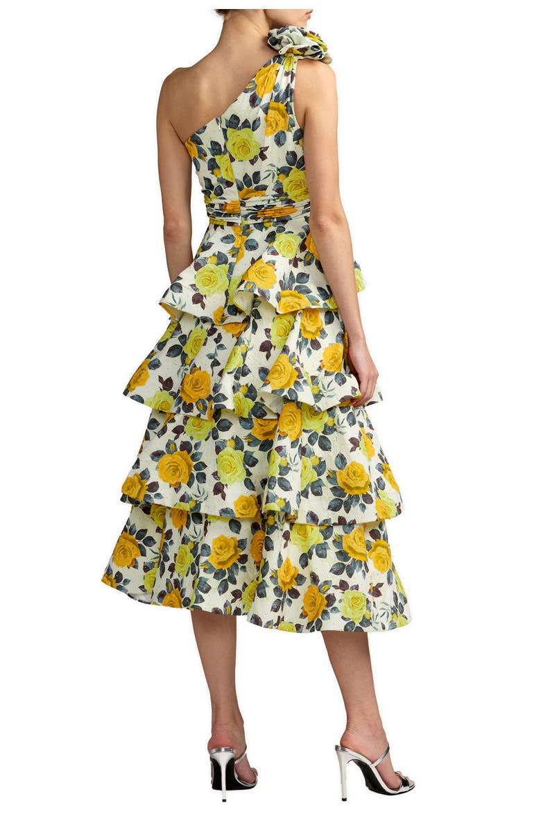 Mac Duggal Floral One Shoulder Charmeuse Tiered Midi Dress, Alternate, color, Yellow Rose