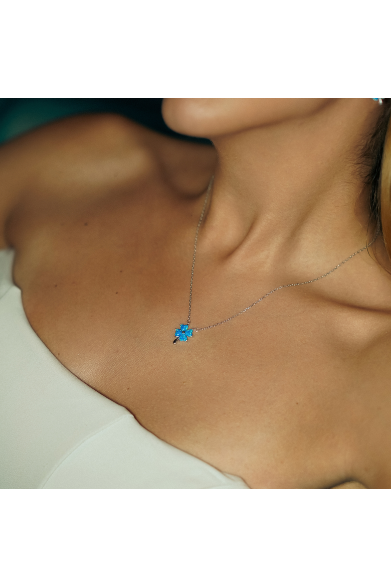Blue Opal Four Leaf Clover Sterling Silver Necklace, Alternate, color, Silver