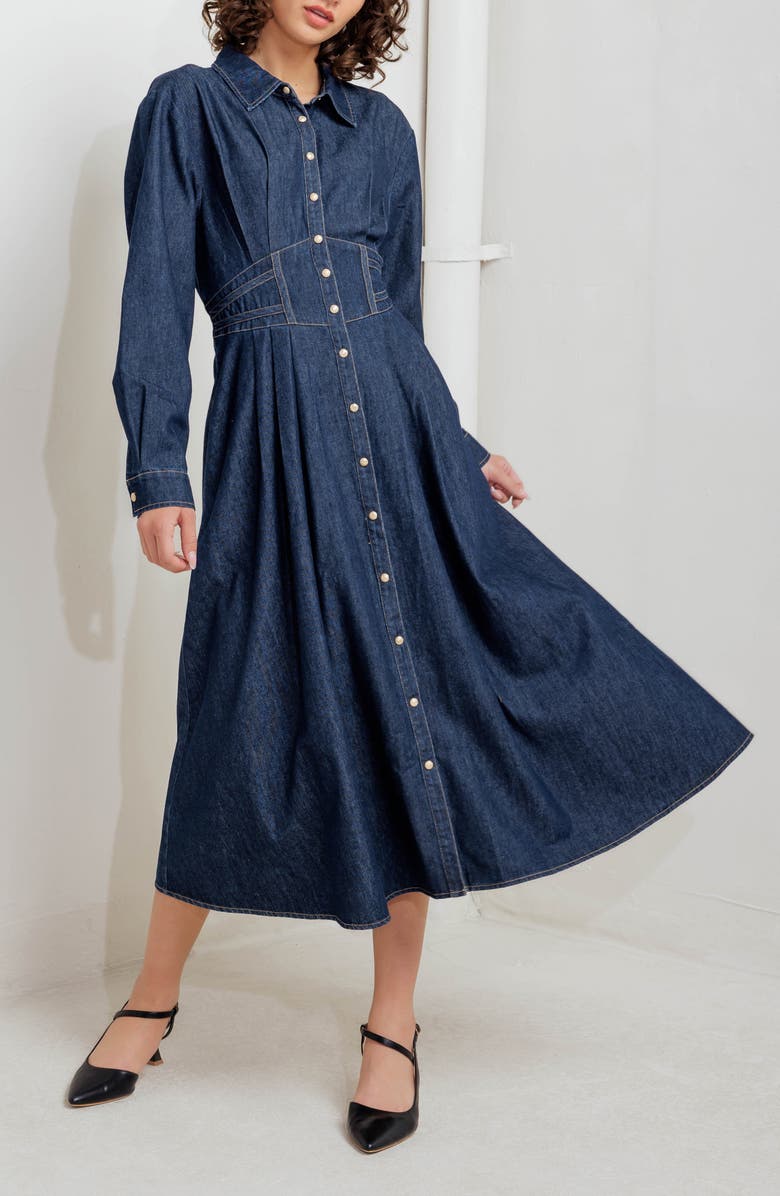FREEMARKET Long Sleeve Midi Dress, Alternate, color, Denim
