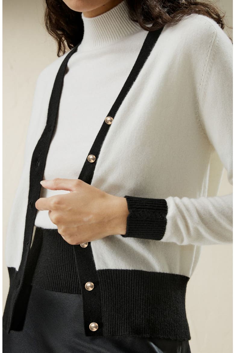 Gemini Cashmere Cardigan with Contrasting Hem, Alternate, color, White