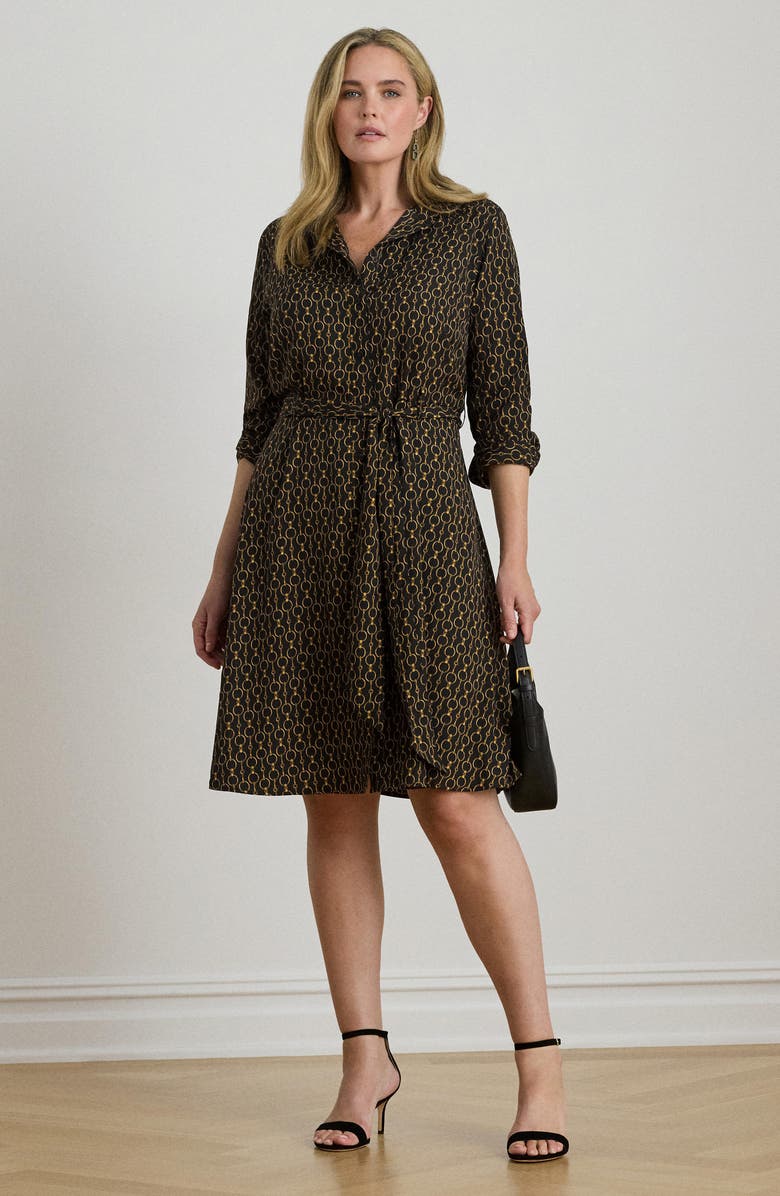 Lauren Ralph Lauren Chain Print Tie Waist Long Sleeve Crepe Shirtdress, Alternate, color, Black Multi