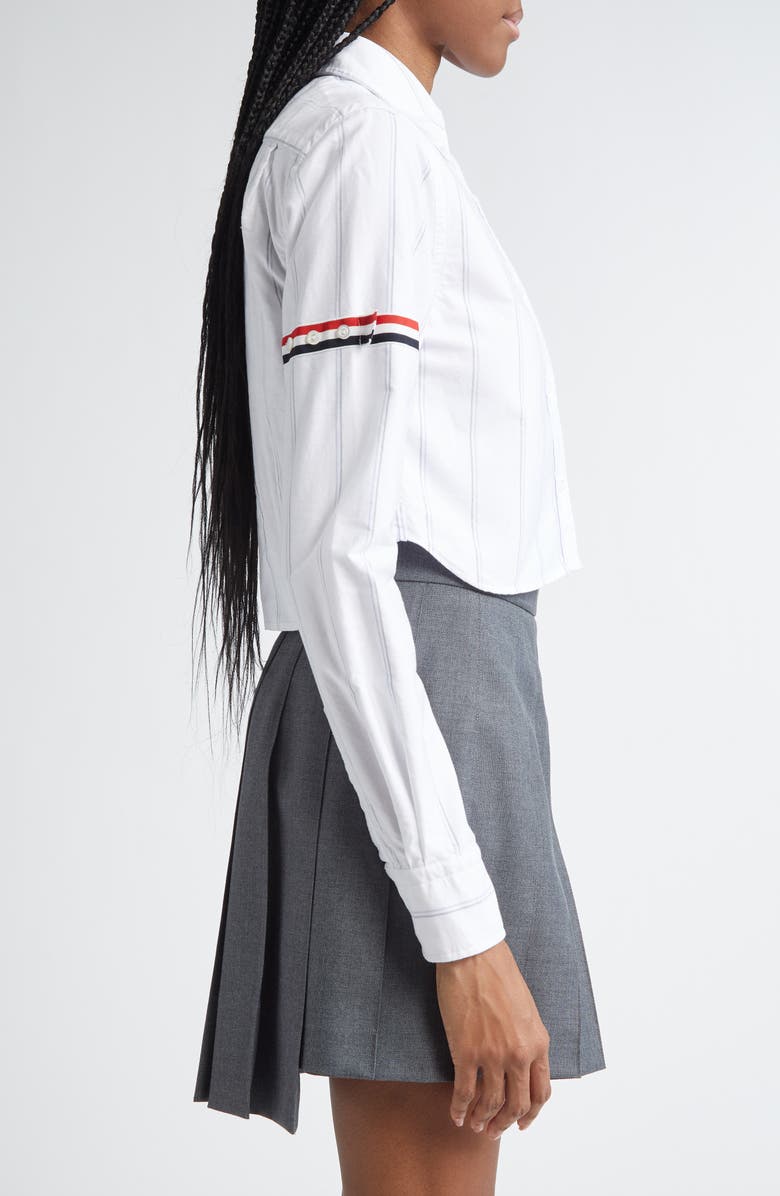 Thom Browne Armband Stripe Cotton Poplin Crop Button-Down Shirt, Alternate, color, White