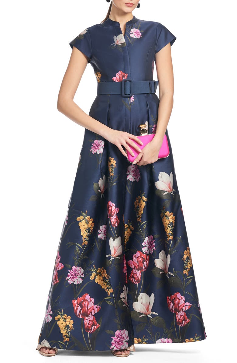 Sachin & Babi Marta Floral Print Belted Satin Gown, Main, color, 