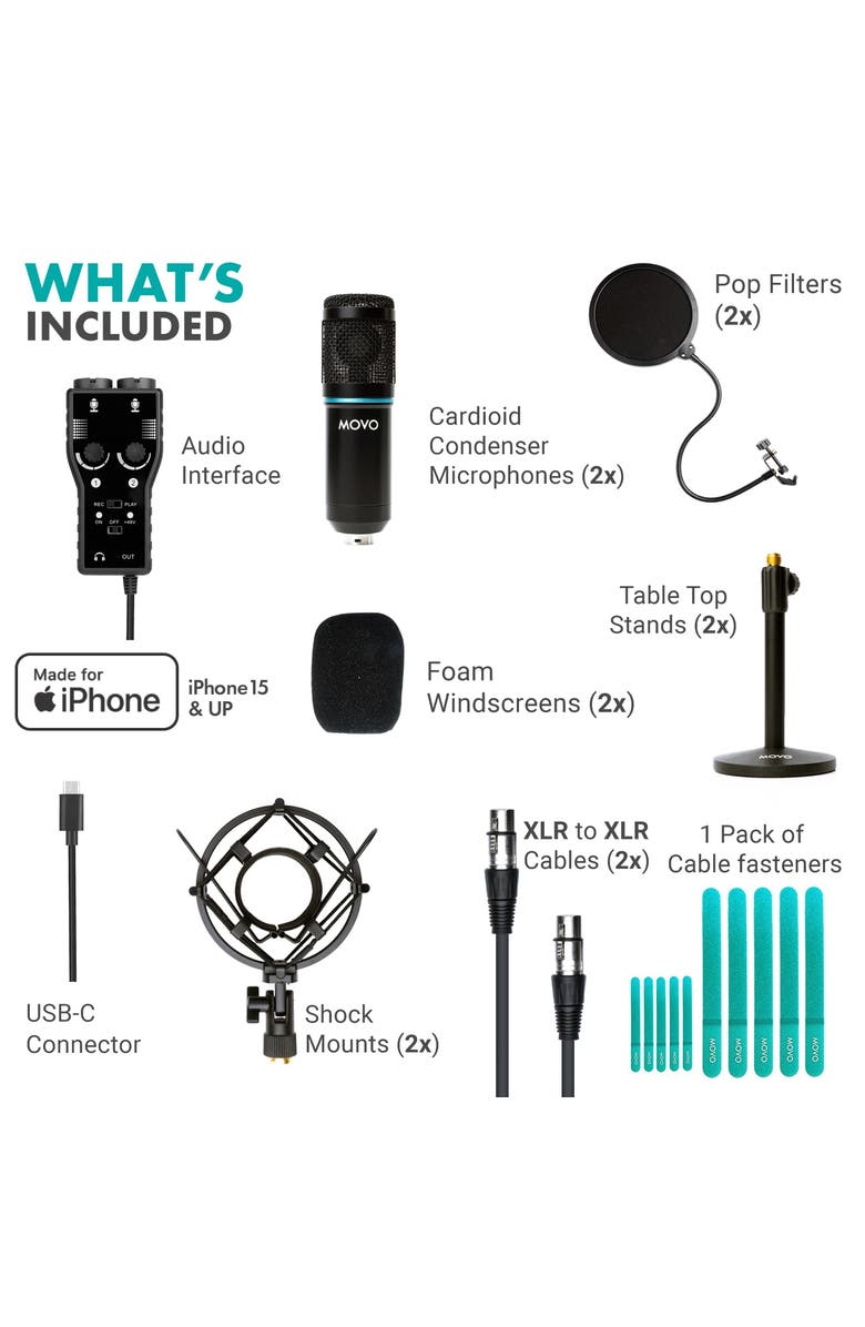 MOVO iPhone 15/16 USB-C Podcast Equipment Bundle Compatible with iPhone 15/16, iPad-Pro, Alternate, color, Black
