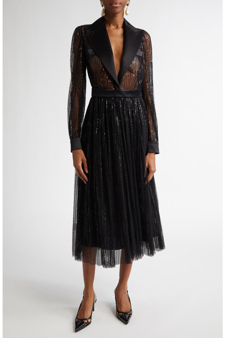 Sequin Sheer Long Sleeve Blazer Midi Dress, Main, color, N0000 NERO