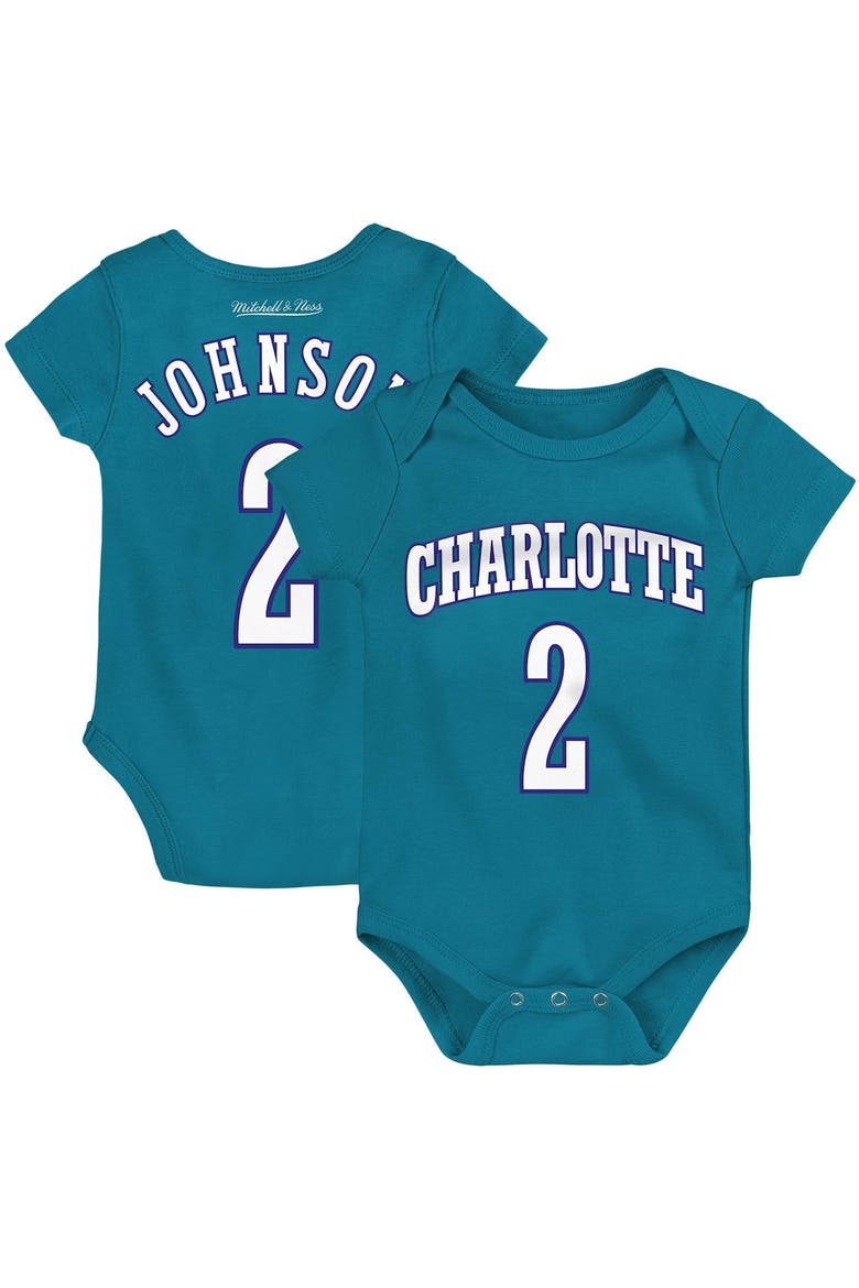 Infant Mitchell & Ness Larry Johnson Teal Charlotte Hornets Hardwood Classics Name & Number Bodysuit, Main, color, Teal