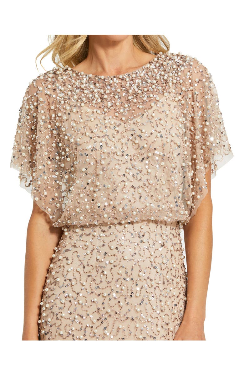 Mac Duggal Petite High Neck Short Sleeve Embellished Gown, Alternate, color, Nude Gold