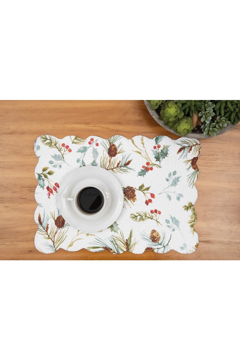 Edith Quilted Reversible Holly Botanical Placemats Set of 6, 13" x 19", Alternate, color, White