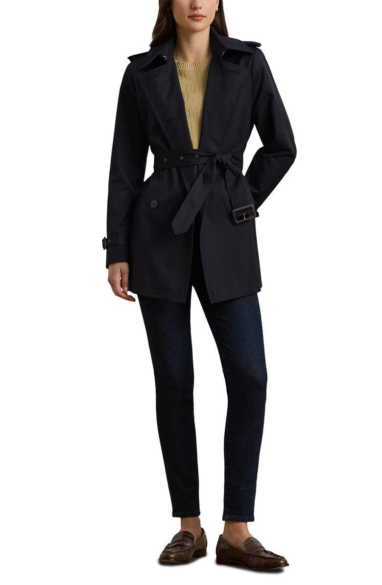 Lauren Ralph Lauren Short Double Breasted Trench Coat, Alternate, color, Dark Navy