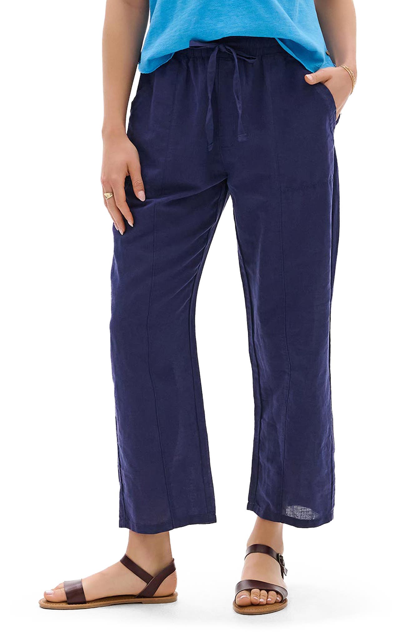 Linen & Cotton Drawstring Ankle Straight Leg Pants