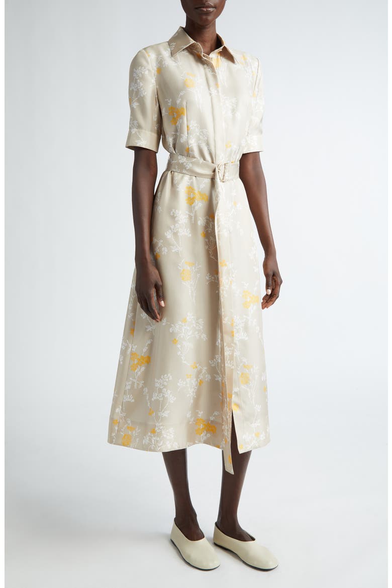 Floral Print Silk Belted Shirtdress, Main, color, KHAKI MULTI