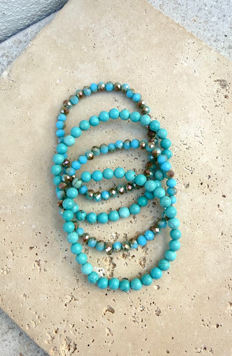 Adornia Set of 4 Reconstituted Turquoise & Crystal Beaded Stretch Bracelets, Alternate, color, Blue