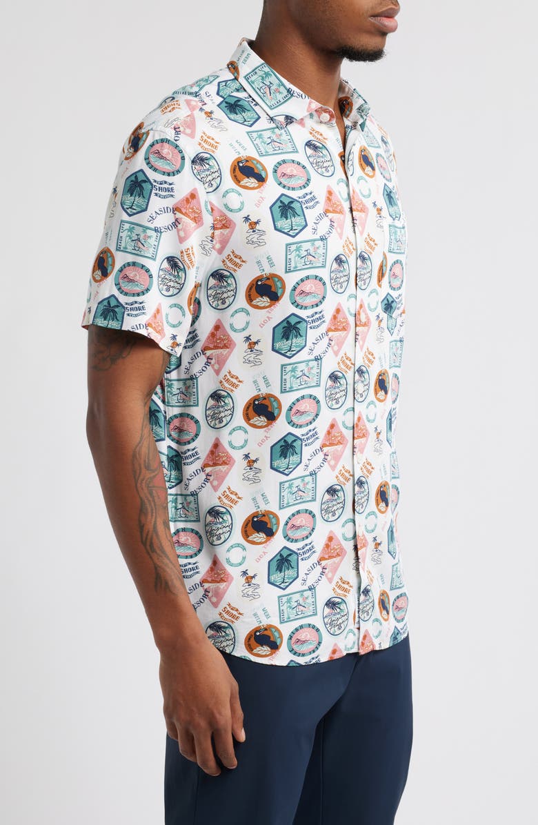 Original Penguin Vacation Print Short Sleeve Button-Up Shirt, Alternate, color,