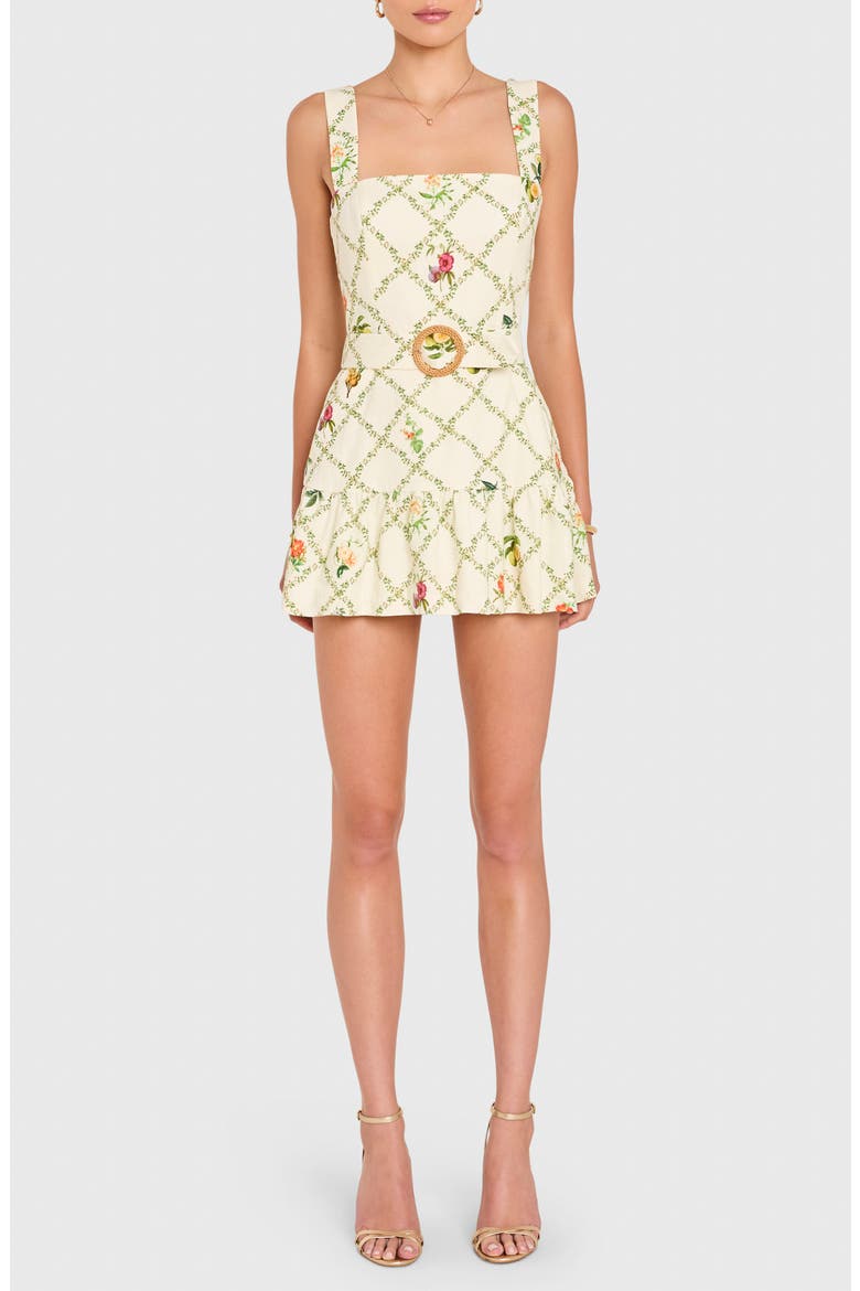 Lena Floral Print Belted Linen Blend Romper, Main, color, ALMOND MULTI