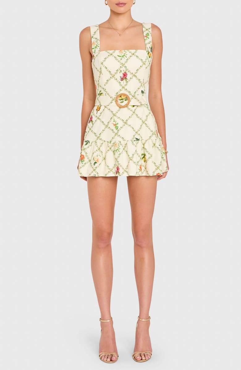 Amanda Uprichard Lena Floral Print Belted Linen Blend Romper, Main, color, Almond Multi