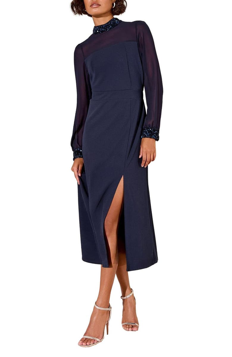 Friends Like These Long Sleeve Mixed Media Cocktail Dress, Main, color, Blue