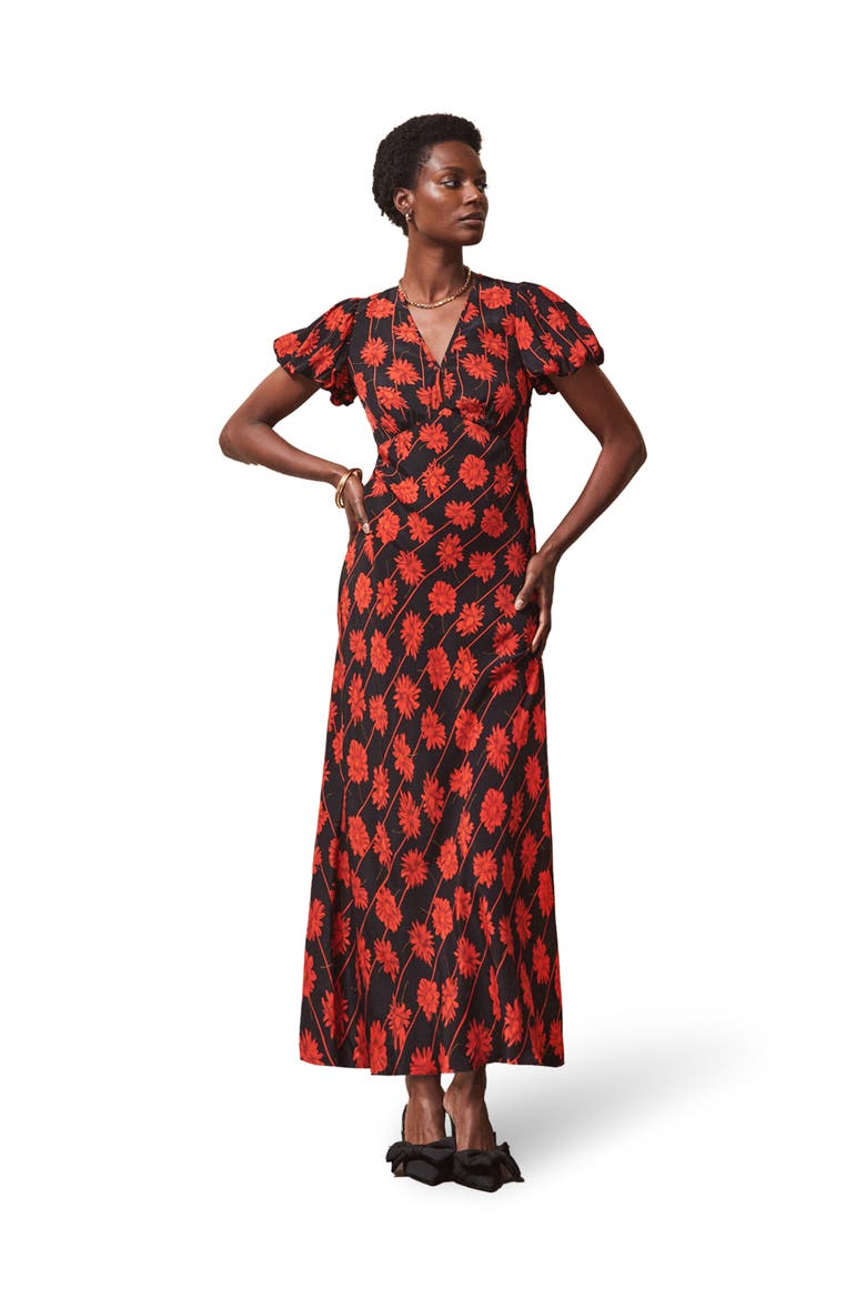 Printed V-Neck Dress, Main, color, Red