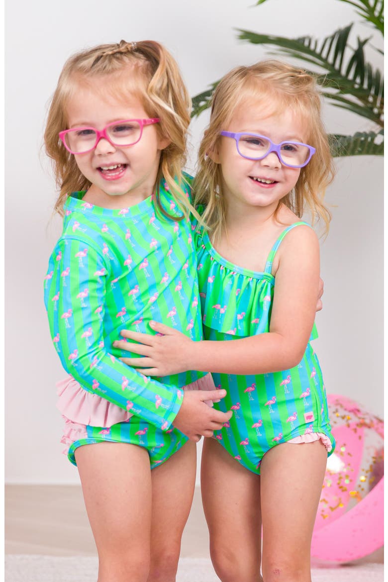 Kids' Neon Flamingo Stripe One-Shoulder One-Piece Swimsuit, Alternate, color, GREEN