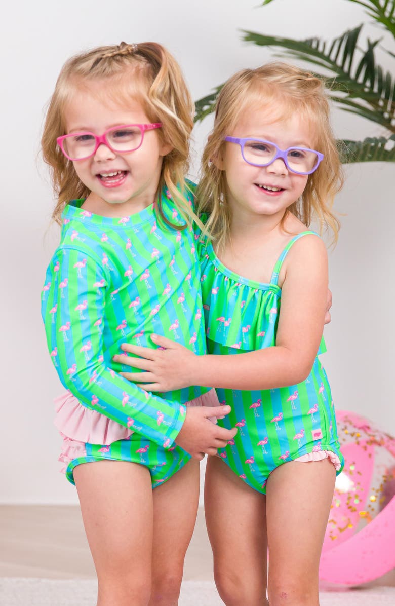 RuffleButts Kids' Neon Flamingo Stripe One-Shoulder One-Piece Swimsuit, Alternate, color, Green