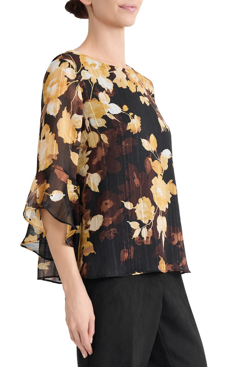 Ruffle Sleeve Printed Top with Metallic Shimmer, Alternate, color, BLACK MULTI
