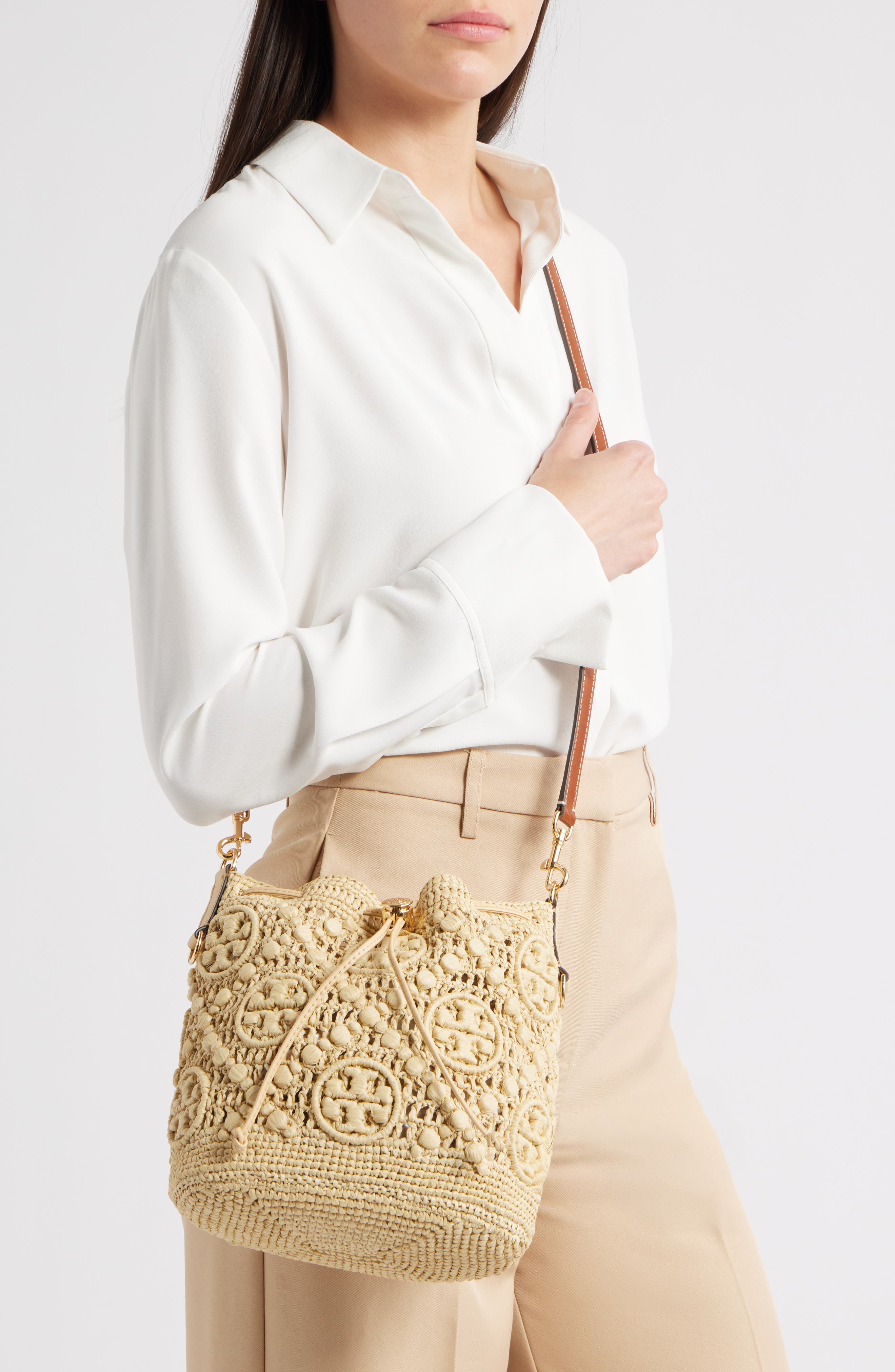 T Monogram Raffia Bucket Bag, Alternate, color, NATURAL