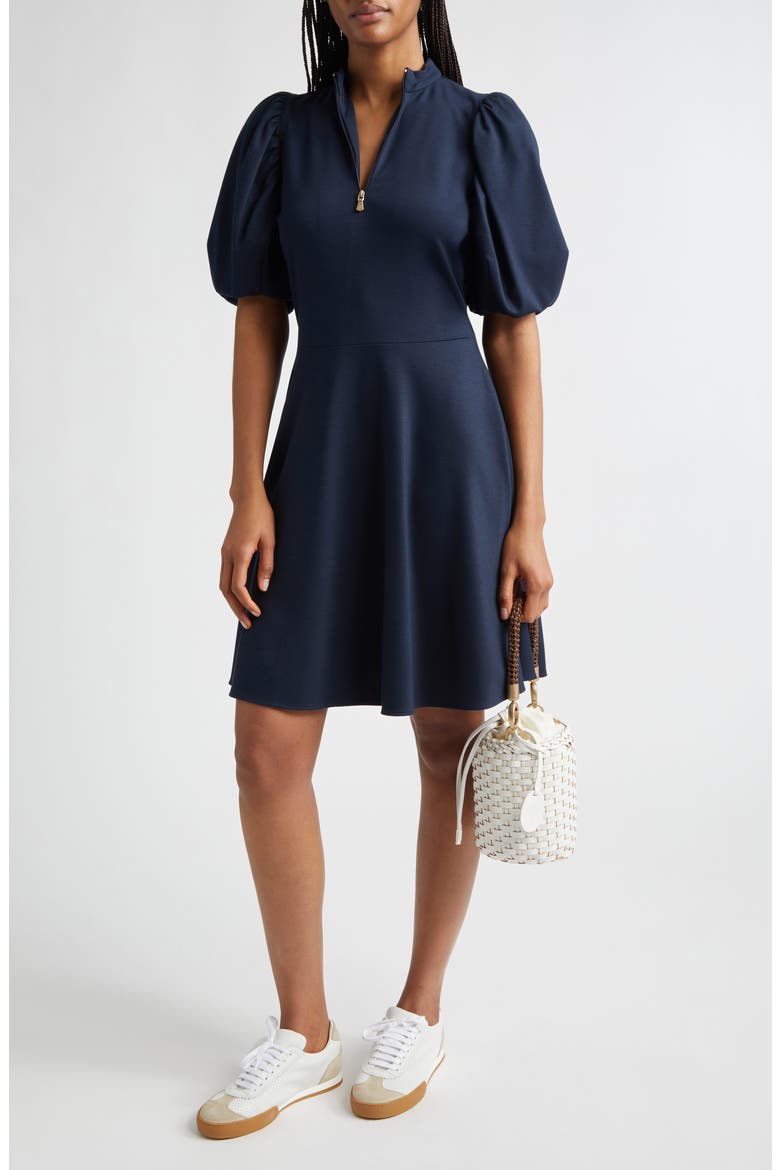 Half Zip Puff Sleeve Ponte Knit Dress, Main, color, 11 BLUE