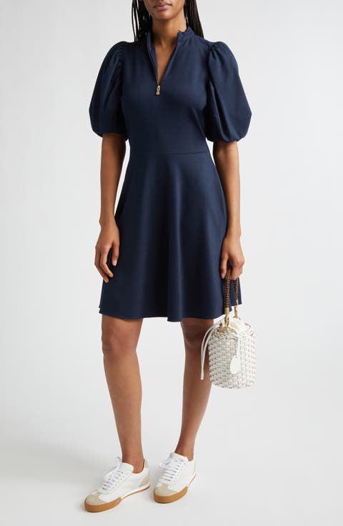 Half Zip Puff Sleeve Ponte Knit Dress