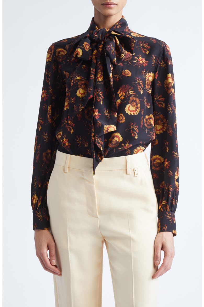 Lina Floral Print Tie Neck Silk Shirt, Main, color, CRIMSON RED