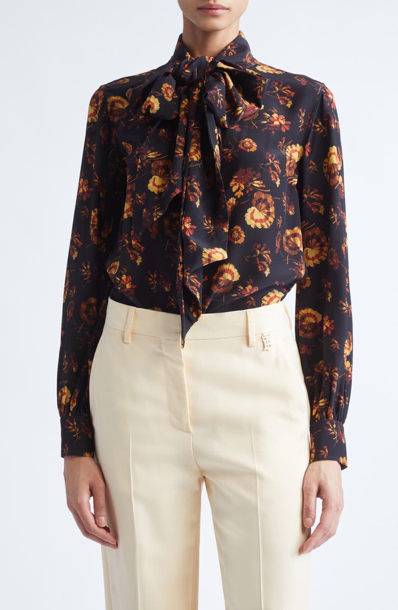 Burberry Lina Floral Print Tie Neck Silk Shirt, Main, color, Crimson Red