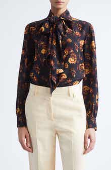 Lina Floral Print Tie Neck Silk Shirt