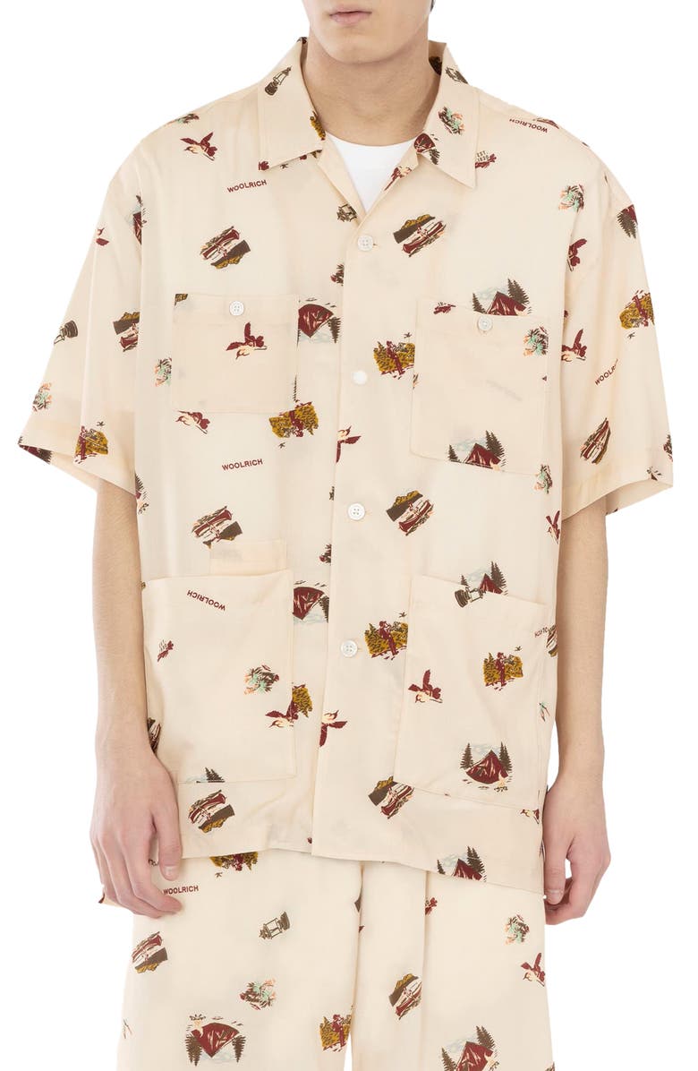Woolrich Mountain Print Short Sleeve Button-Up Shirt, Main, color, 