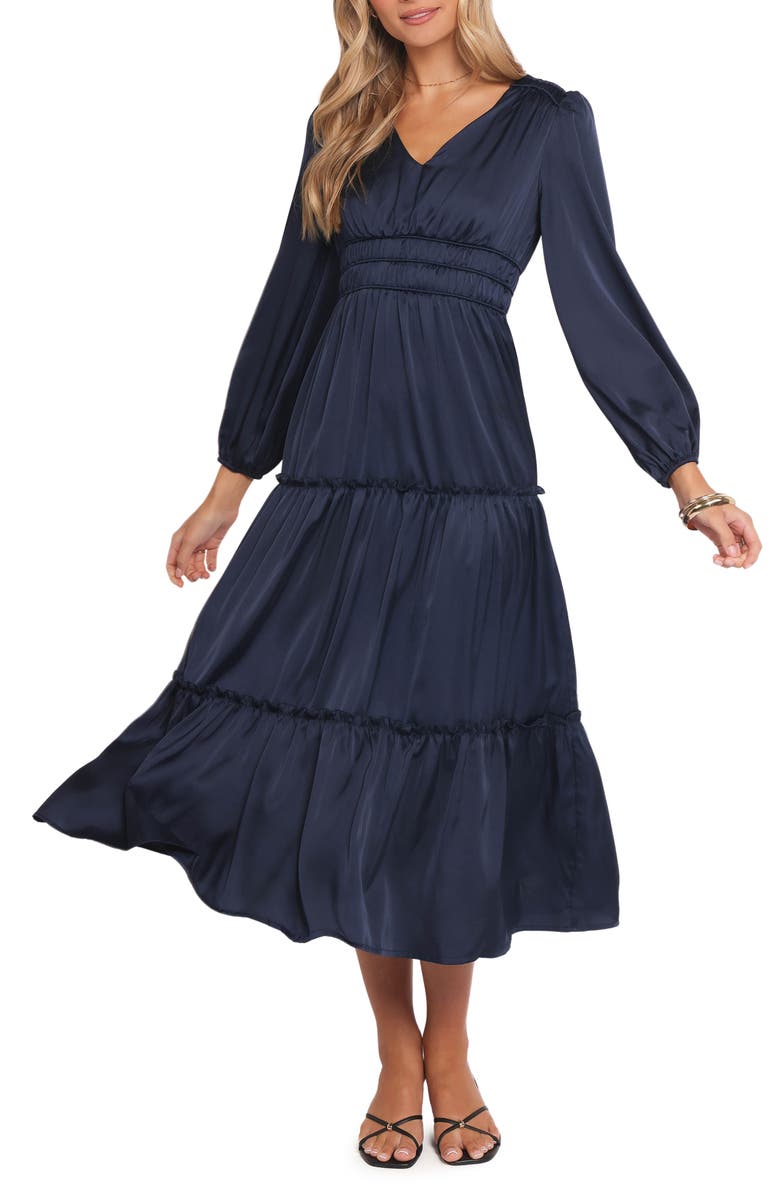 Petal & Pup Rowen Long Sleeve Satin Midi Dress, Main, color, Navy