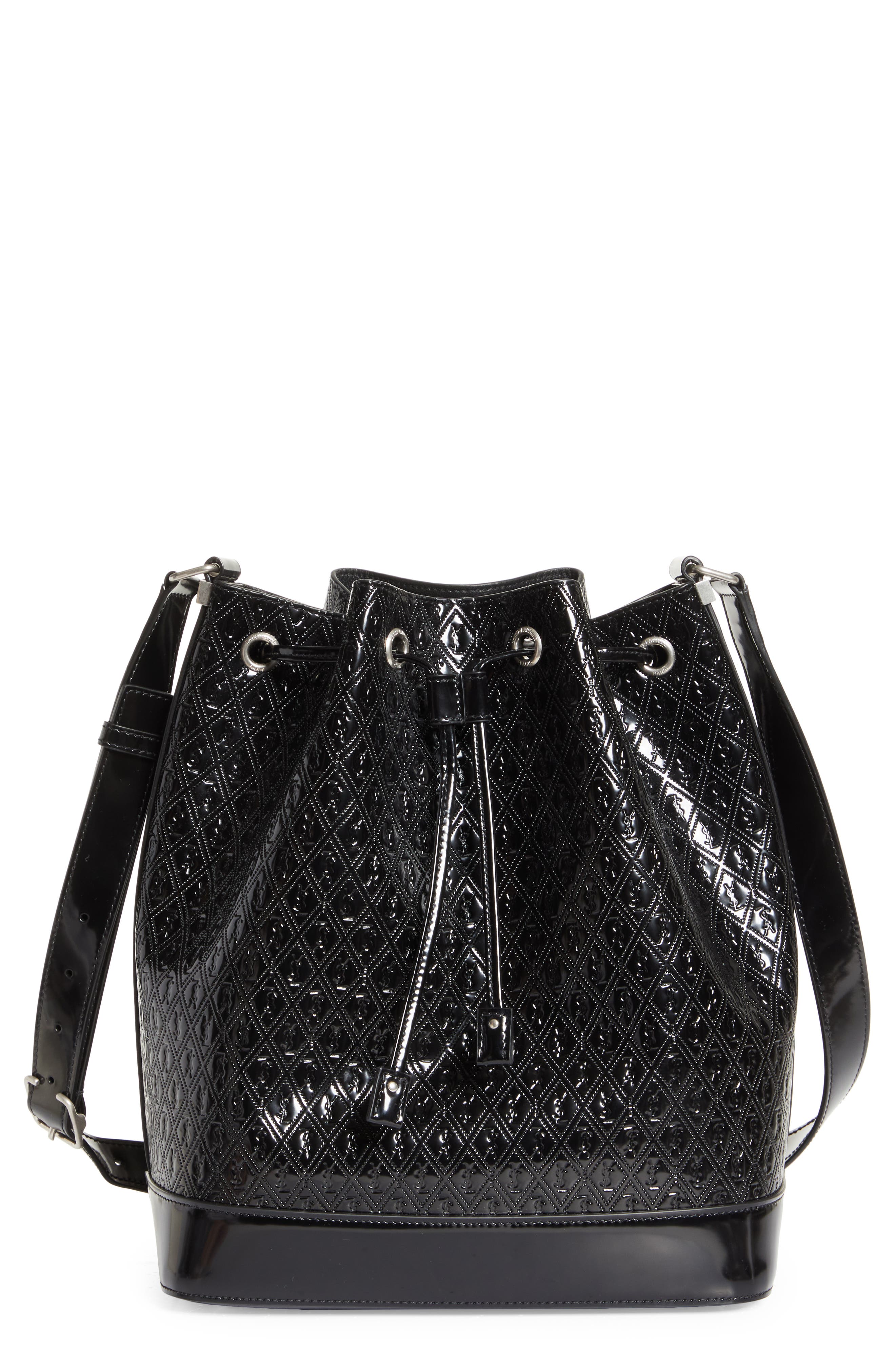 Saint Laurent Le Monogramme Logo Embossed Patent Leather Bucket Bag, Main, color, Noir