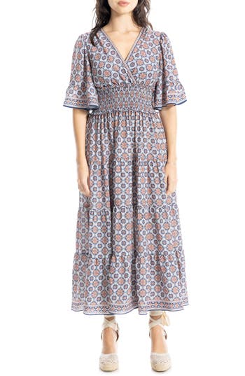Max Studio Smocked Waist Midi Dress In Cream/blue Lace Geo