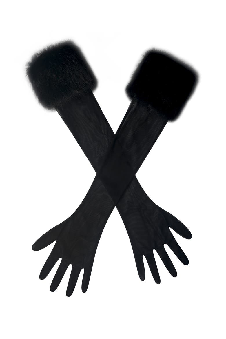 Eve Fur-Trimmed Mesh Opera-length Gloves, Main, color, Black