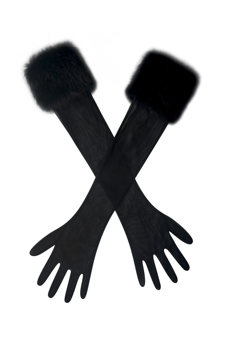 Miss Circle Eve Fur-Trimmed Mesh Opera-length Gloves, Main, color, Black