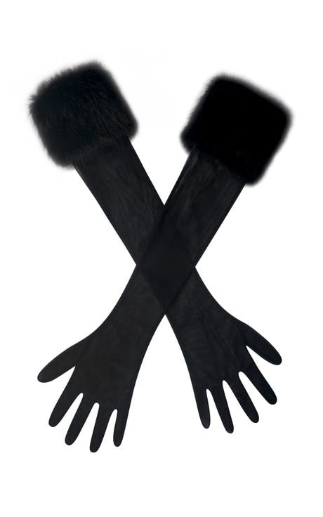 Eve Fur-Trimmed Mesh Opera-length Gloves