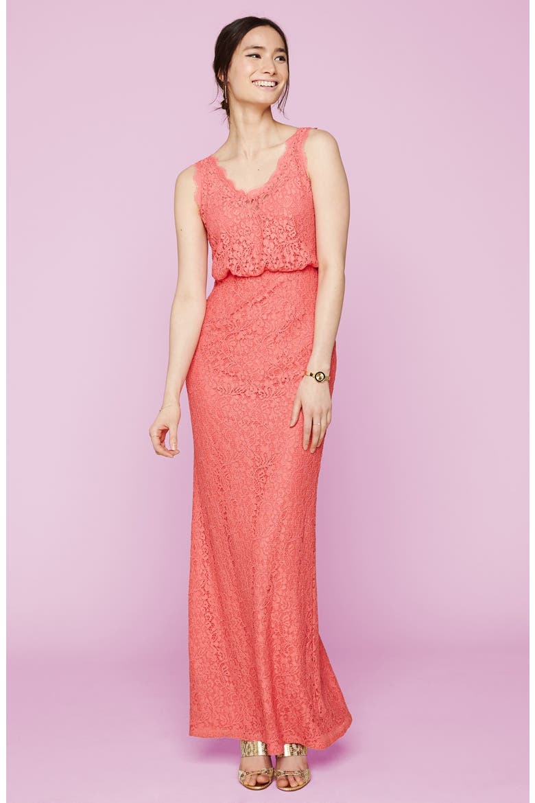 Floral Lace Blouson Column Gown, Alternate, color, FLAMINGO