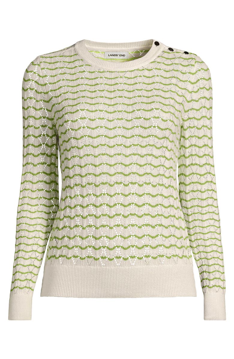 Lands' End Plus Size Cotton Viscose Button Shoulder Modern Crew Sweater, Alternate, color, Pistachio/Ivory Stitch Stripe