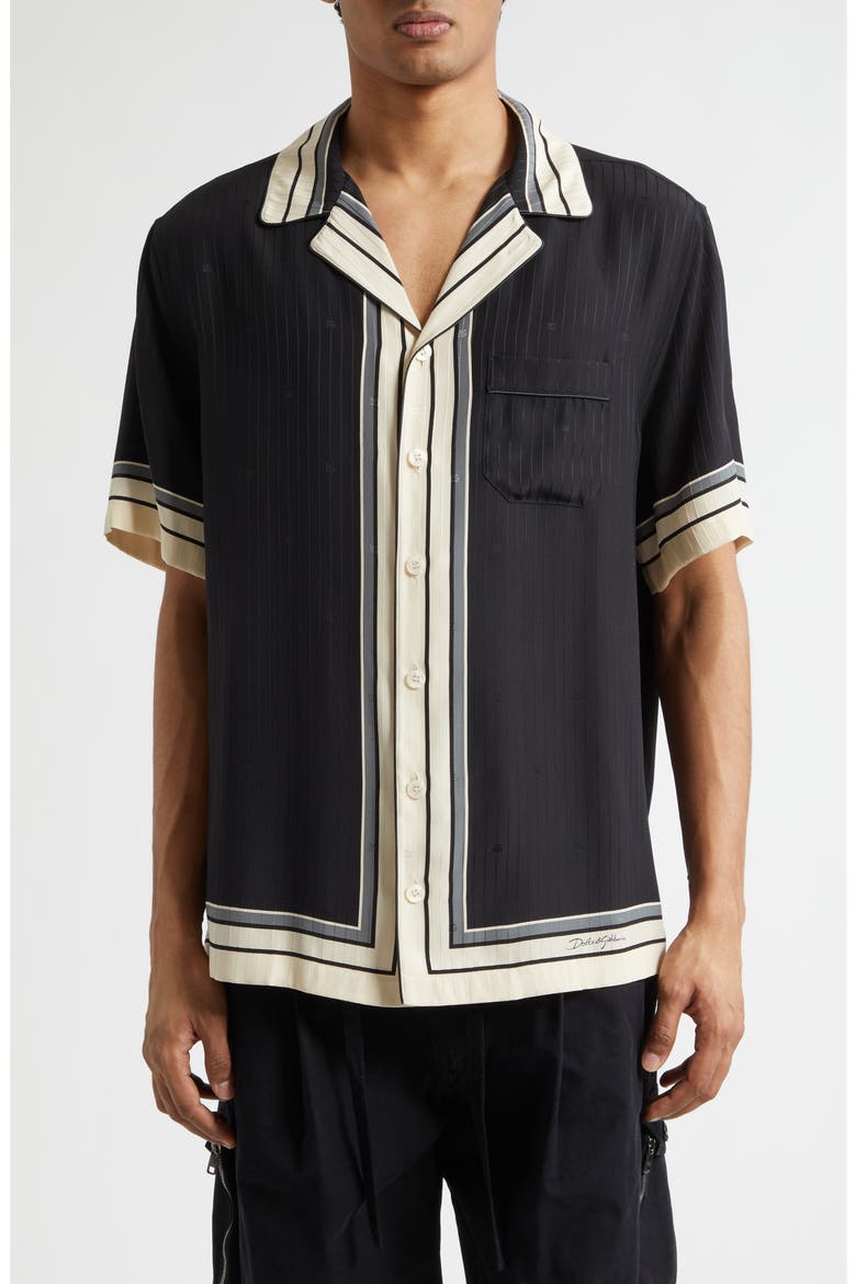 Engineered Stripe Print Short Sleeve Silk Button-Up Shirt, Main, color, RIGHE F.NERO